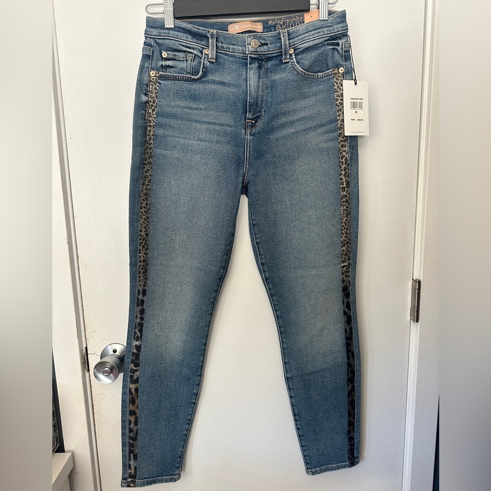 7 For All Mankind Blue Skinny Ankle Jeans with Leopard Side Stripe